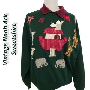 Vintage Jerzees Sweatshirt Noah's Ark Appliqued Handcrafted Green L